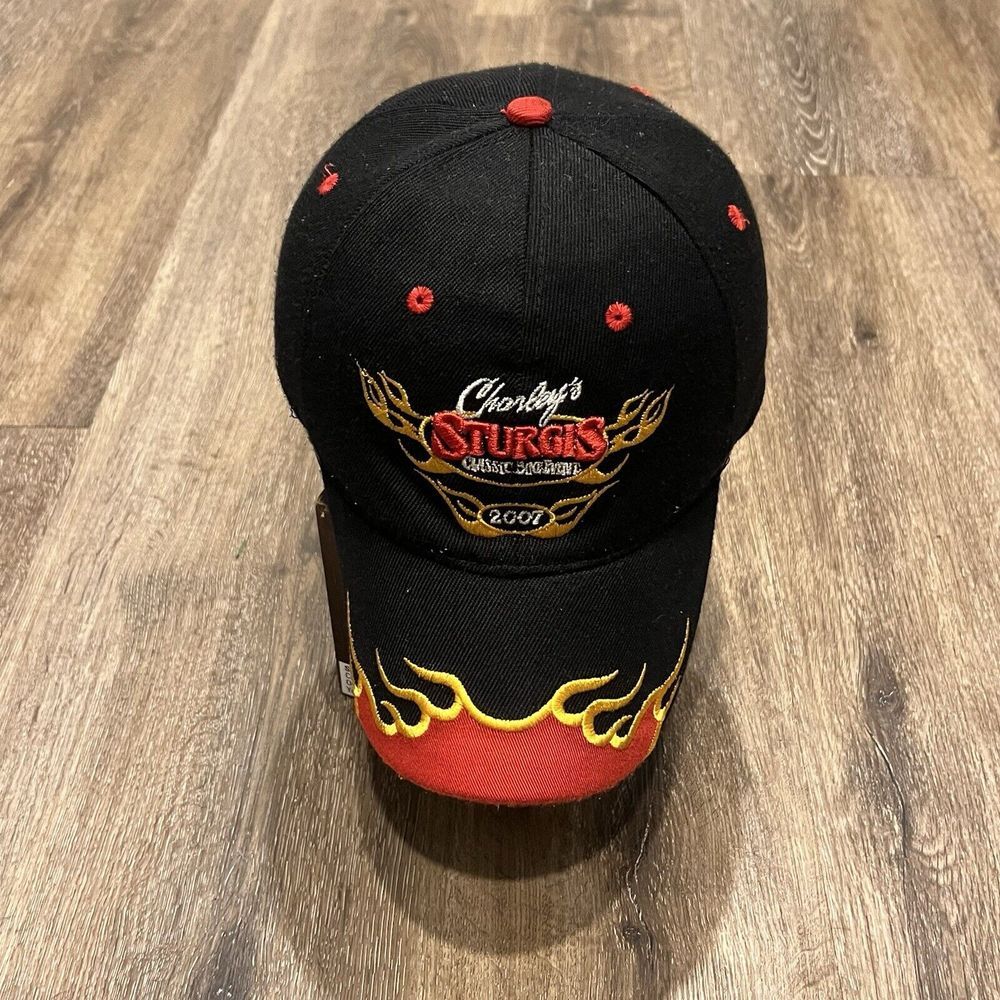Sturgis Biker Rally Hat Baseball Cap Black Red Flame Fire Embroidered Grunge